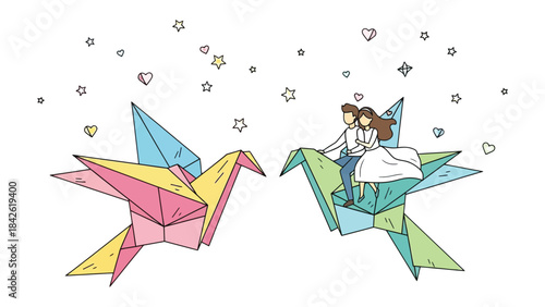 Paper Crane Couple: A loving couple embarks on a journey of togetherness, symbolized by vibrant, origami cranes soaring among stars and hearts, evoking a sense of romance and shared dreams.