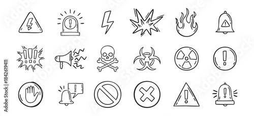 Warning doodle hand drawn icons set. Danger drawing sketch signs 