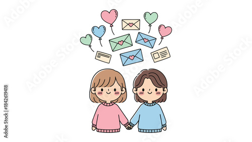 Love Letter: A gentle depiction of two individuals holding hands, surrounded by hearts and letters, symbolizing connection, affection, and the magic of correspondence.