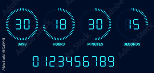 Vector digital timer with blue LED display and full set of glowing digital numbers isolated on dark background. Realistic mockup or template