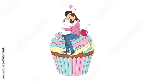 Sweet Embrace: A couple shares an intimate moment, embracing atop a whimsical cupcake, symbolizing love's sweet and delicious nature.