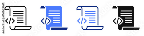 Vector icon or logo of programming code script related to coding and software development, computer file system. Symbol for website or app UI, logo design, illustration