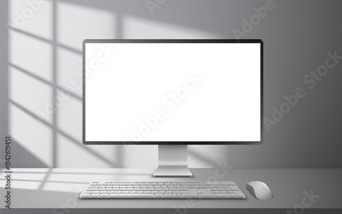 Vector illustration of desktop pc, widescreen monitor with blank empty white screen, keyboard and mouse. Realistic mockup or template, isolated on white background