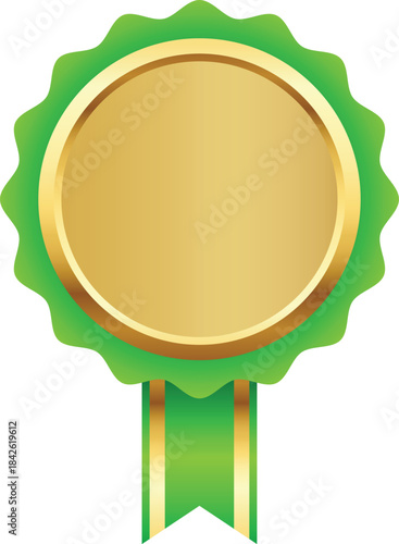 Shiny Golden Ribbon Medal. Premium Blank Award Label for Celebration, Sports, and Honor Achievement Designs.