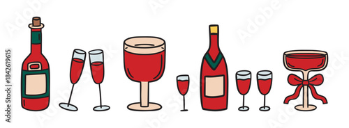 Wine and champagne bottles with festive glasses clipart set, holiday party collection, hand drawn.