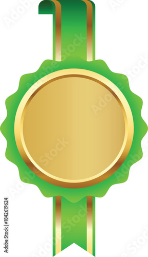 Golden Award Medal with Green Ribbon Illustration. Winner Award Banner Mockup.