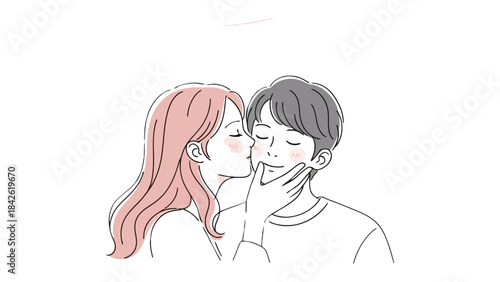 Whispered Kisses: Capturing a tender moment, a woman gently caresses a man's face, her lips softly brushing against his cheek in a gesture of affection and love.