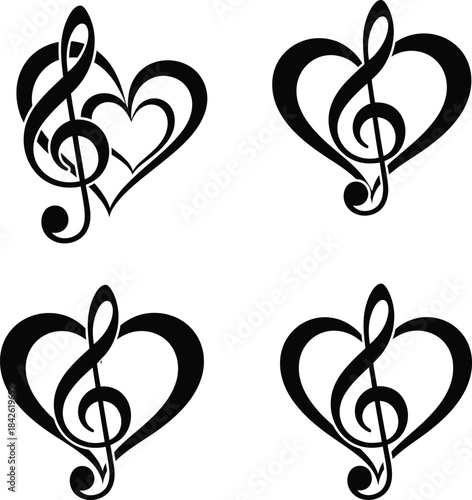 Heart with treble clef music icon set, romantic love melody symbols in black
