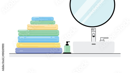 A stack of colorful towels next to a bathroom sink with a mirror and soap bottle on a white surface in a bathroom