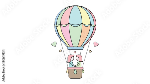 Love in the Skies: A tender illustration depicts two individuals holding hands, floating gently in a pastel-colored hot air balloon, symbolizing love, romance, and the journey of togetherness.
