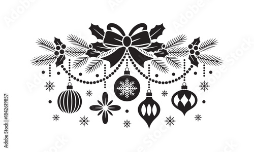 A sophisticated black silhouette of a festive Christmas garland featuring branches, holly, and hanging ornaments