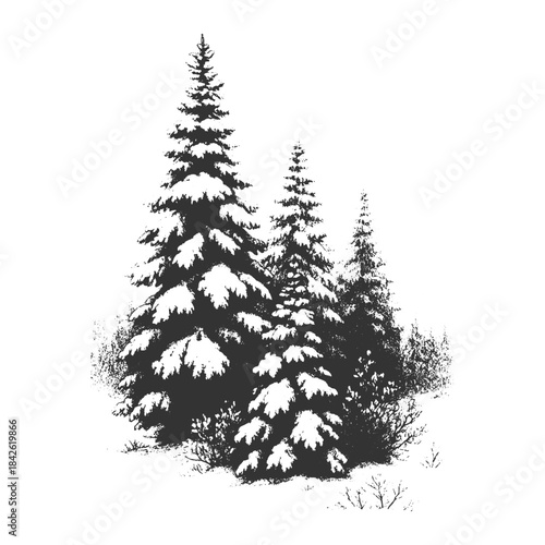 Vintage monochrome illustration in woodcut style of a dense group of snow-covered pine and fir trees, capturing winter forest scenery and nature for seasonal vector designs.