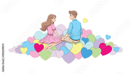 Love's Embrace: A couple, intertwined in an intimate moment, sits amidst a cascade of hearts, embodying the essence of romance, affection, and togetherness.