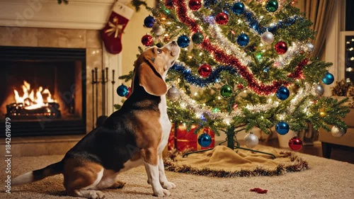 An energetic beagle runs into the medium shot frame, sits momentarily perfectly still admiring the bright illuminated Christmas tree, and then quickly runs away momentarily, excitement, lights