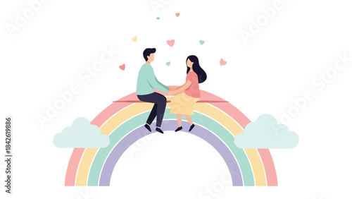 Love's Colorful Embrace: A couple sits serenely atop a vibrant rainbow, surrounded by floating hearts, celebrating a sense of togetherness and affection, depicting the essence of love and promise.