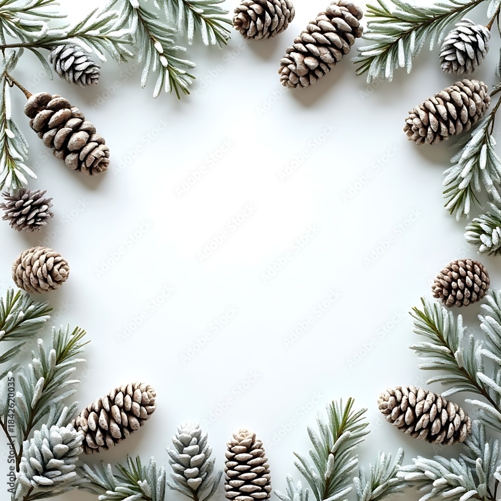 Fototapeta premium Pinecones and Evergreen Branches on White Background