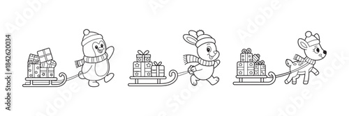 Cute cartoon animals penguin, rabbit, and reindeer pull sleds filled with wrapped presents for the holidays