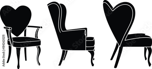Chair with heart backrest silhouette set, romantic furniture icons in black