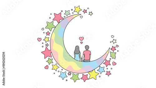 Dreamy Embrace Under the Moonlight: A tender couple sits together under a crescent moon, surrounded by vibrant stars, expressing a moment of peace, love, and togetherness in a whimsical scene.