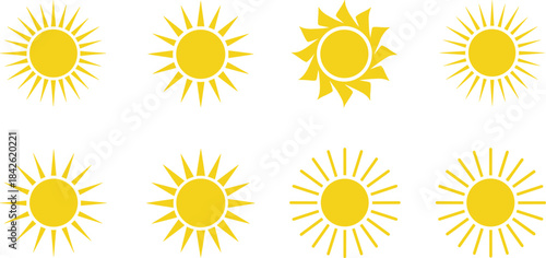 Collection of bright yellow sun vector icons displaying various styles of rays and sharp edges, representing concepts of weather, light, summer, solar energy, and heat in flat design.