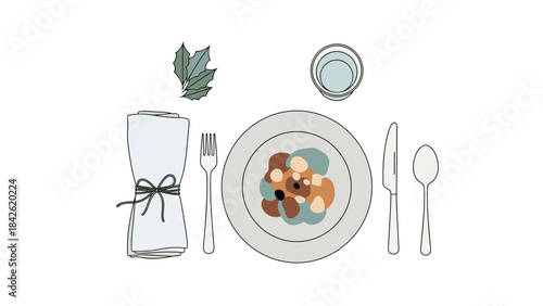 A beautifully set table with a plate of food and utensils for restaurant or dining concept