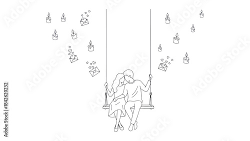 Dreamy Moments: A silhouette of a couple swings on a swing under a sky filled with floating objects, symbolizing a romantic and whimsical atmosphere.