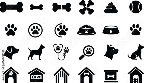 Comprehensive black silhouette vector icon set for pets and dogs, featuring bones, paw prints, dog houses, food bowls, a stethoscope, and various breeds for veterinary applications.