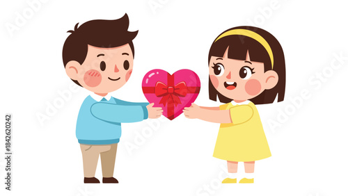 Gift of Affection: A heartwarming illustration depicts a young couple exchanging a heart-shaped gift, symbolizing love and companionship. The scene radiates affection and tenderness.