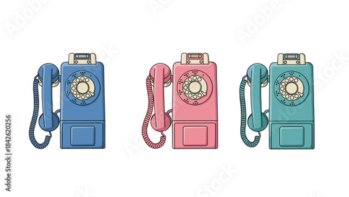 Three colorful retro style payphones with cords 