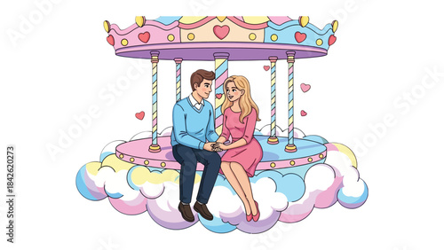 Carousel Romance: A tender moment unfolds as a couple shares an intimate embrace on a whimsical carousel, surrounded by soft clouds and hearts, painting a scene of love and affection.