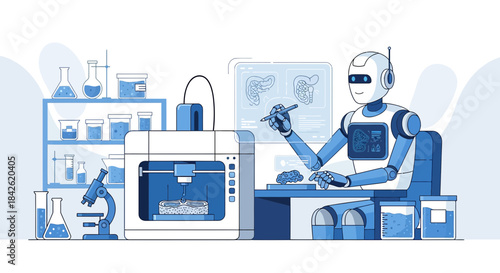 Advanced biotechnology illustration showing a robot operating 3d printer with human organs