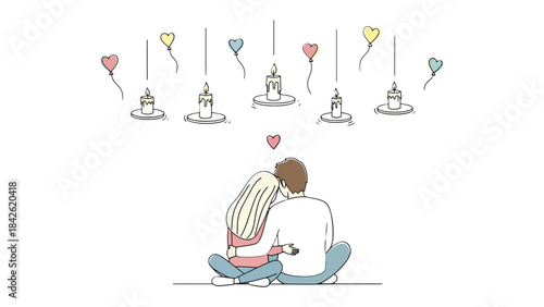 Eternal Bond Under Soft Light: An intimate moment shared by a couple, bathed in the gentle glow of floating candles, each representing a cherished memory. Delicate heart balloons above suggest hope.