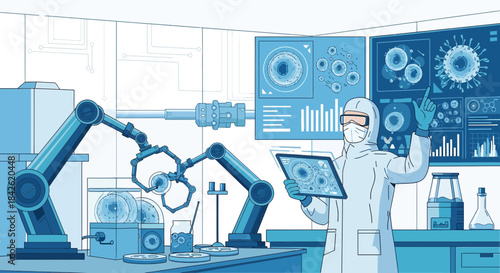 Advanced biotechnology research in a sterile environment featuring robotic arms and digital analysis