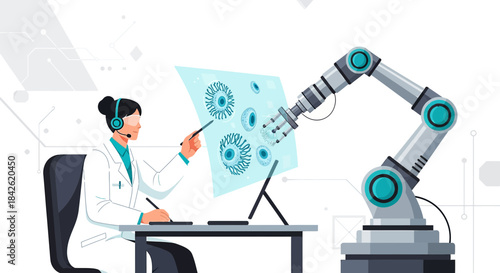 Advanced healthcare: Doctor collaborates with robotic arm for innovative medical solutions