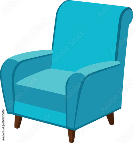 Blue Recliner Chair with Curved Armrests and Wooden Legs