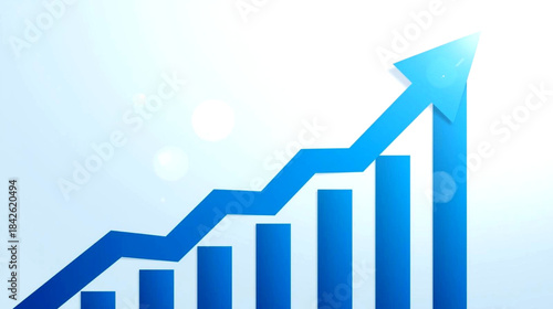 Blue bar graph with an upward trend and an arrow pointing upwards indicating growth or success on a light blue background