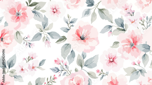Seamless pink floral pattern with flowers and leaves in a soft vintage spring design suitable for wallpaper and textile backgrounds