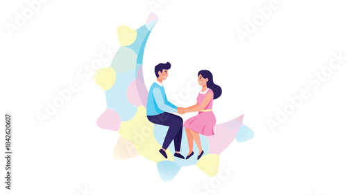 Romance on the Crescent Moon: An enchanting illustration of a couple sitting on a crescent moon with soft, pastel hues, depicting love and togetherness