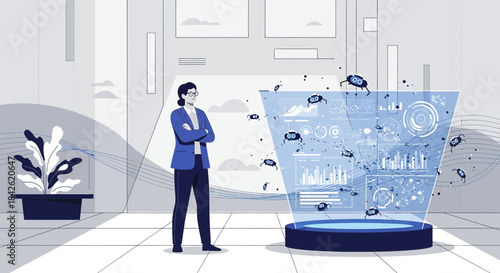 Analysis of nanobots and data by a researcher in a futuristic laboratory setting