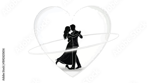 Love's Embrace: Silhouette of a couple dancing within a heart-shaped frame, capturing romance, and connection