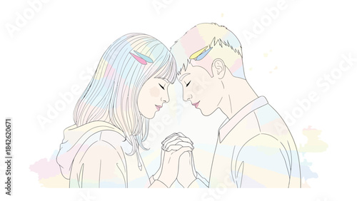 Eternal Bond: A tender moment captured between two souls, hands clasped, their eyes closed, radiating a gentle aura of serenity and affection.