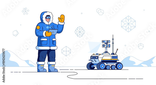 Arctic explorer controls robotic rover with tablet amidst snowy landscape and geometric snowflakes
