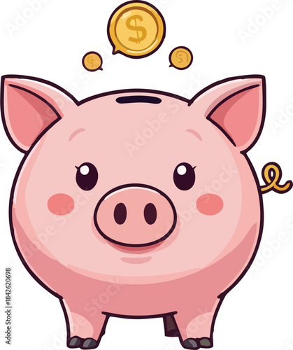 Cute pink piggy bank with gold coins floating above, cartoon savings illustration