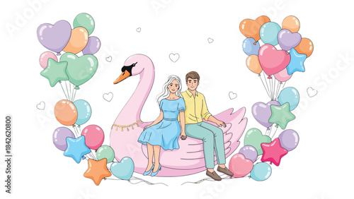 Love's Flight: A couple floats on a swan with balloons, symbolizing their romance, against a backdrop of pastel hues and playful shapes. 