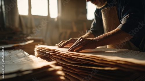 Medium shot of skilled hands slicing thin maple veneer sheets with precision in a workshop filled with natural light