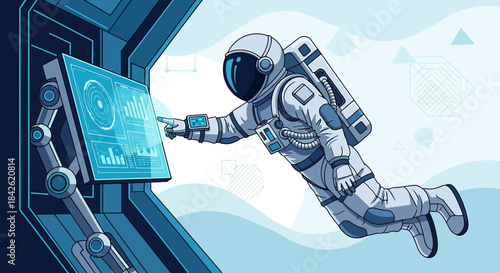 Astronaut interacts with display panel aboard spaceship for mission success using augmented