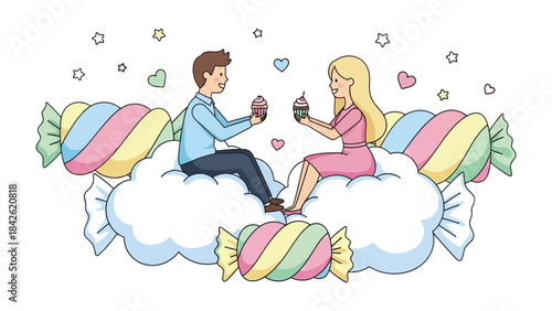 Sweet Couple's Date on Cloud Nine: A charming couple shares sweet treats on a whimsical cloud, surrounded by pastel candies, and stars. capturing the romance and sweetness