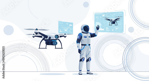 Astronaut controls drone technology using virtual interface in futuristic setting showcasing human