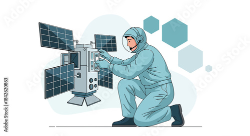 Astronaut operates satellite system in zero gravity environment for scientific exploration