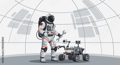Astronaut preparing for space exploration with rover repair in a futuristic habitat dome